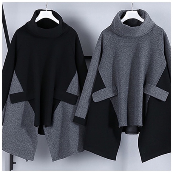 Black & Gray Oversize Flowing Turtleneck Top - Picture 7 of 7